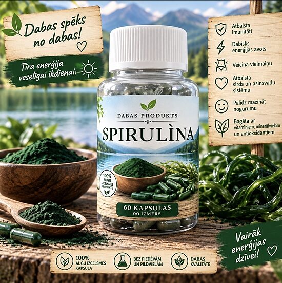 JODA AVOTS SPIRULĪNA -  DABĪGS SUPERPRODUKTS ENERĢIJAI, ATTĪRĪŠANAI, IMUNITĀTEI 60 KAPSULAS