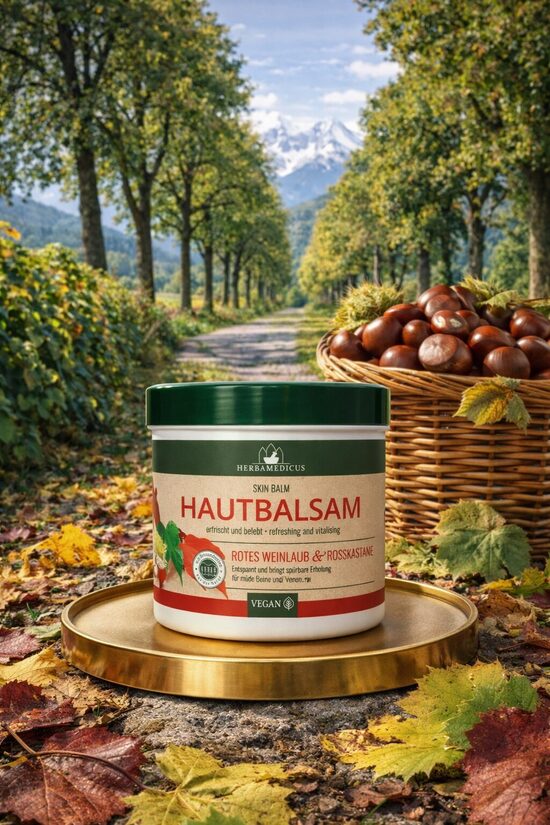  SARKANO VĪNOGU LAPU UN ZIRGKASTAŅU EKSTRAKTU BALZĀMS ĶERMENIM HERBAMEDICUS 250 ML